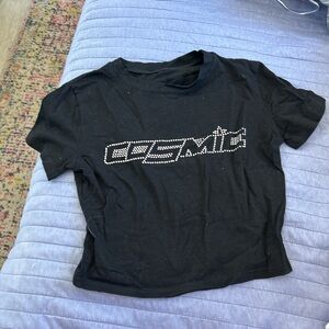 Black bedazzled baby tee. “Cosmic”